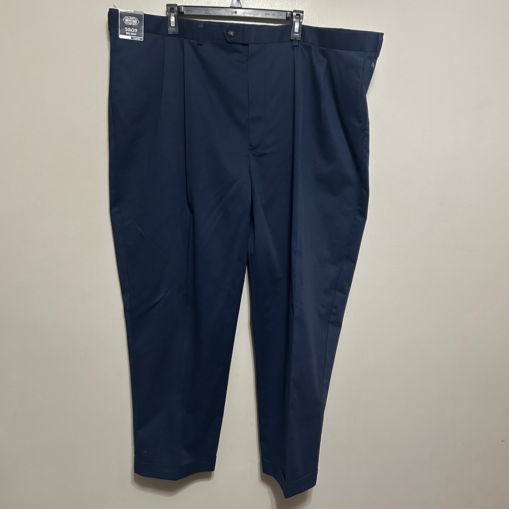 Roundtree & Yorke Dress Pants Men 50x29 Navy New TravelSmart Pleated Stretch